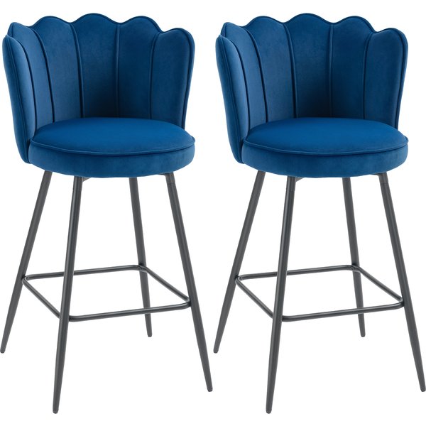 HOMCOM Set of Two Velvet-Feel Lotus Bar Stools - Dark Blue