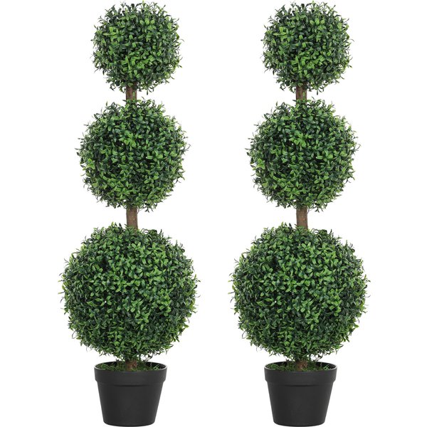 Homcom Lot De 2 Arbres Artificiels 101,6 Cm 3 Boules De Buis Topiaires Fausse Plante Vert PE Avec Pot IntéRieur Et ExtéRieur-image