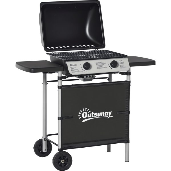 Outsunny 2 Burner Gas Barbecue Grill Propane Gas Cooking BBQ Grill 5.6 kW with Side Shelves Wheels