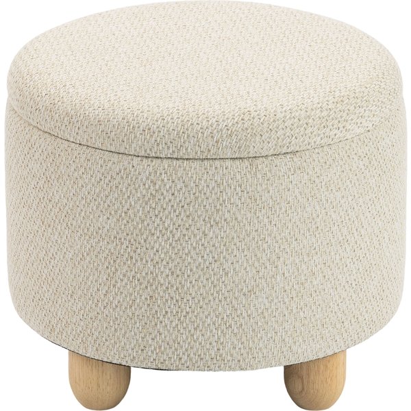Homcom Pouf Coffre De Rangement Rond En Toile De Jute, Repose-Pieds Avec Couvercle, Pieds Bois HéVéA, Beige-image