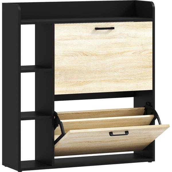 Homcom Meuble à Chaussures éTroit 2 Portes 3 éTagèRes LatéRales Et éTagèRes RéGlables Pour 15 Paires De Chaussures Naturel Et Noir-image