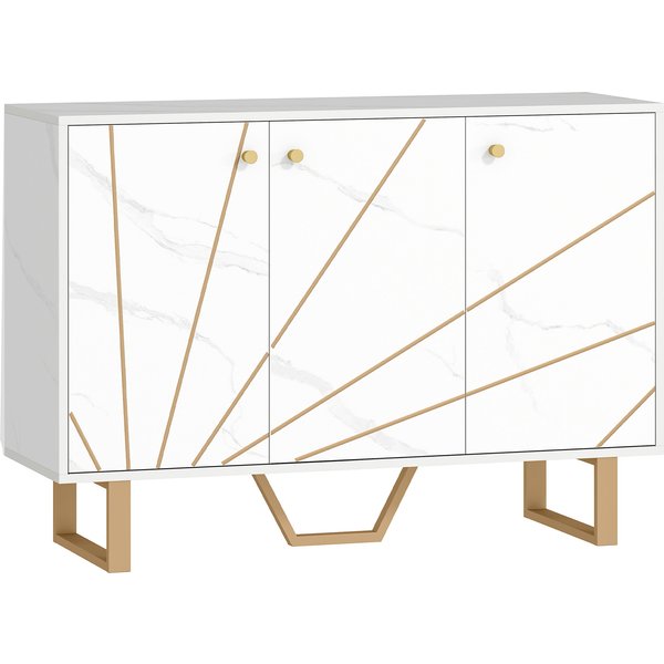 Homcom Meuble De Rangement Buffet Salon Avec 2 Placards 3 Portes Et éTagèRe RéGlable, Pieds En MéTal, Aspect Marbre Blanc-image