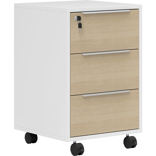 Homcom Caisson De Bureau à Roulettes Avec 3 Tiroirs Et Serrure, Meuble Rangement Bureau Sur Roulettes, 40 X 40 X 63,5 Cm, ChêNe-image