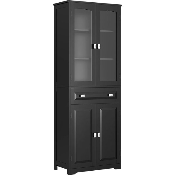 Homcom Buffet Haut Armoire De Cuisine 4 Portes Dont 2 Portes VitréEs Et 1 Tiroir Hauteur 160 Cm Avec éTagèRes En Bois Noir-image
