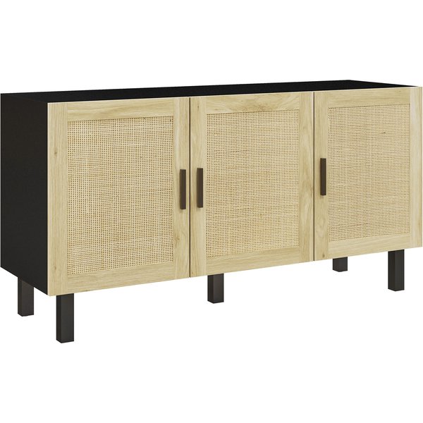 Homcom Meuble De Rangement Avec Placards à Portes Effet Cannage, éTagèRes RéGlables, 136 X 41 X 70 Cm, Noir Et Bois Naturel-image