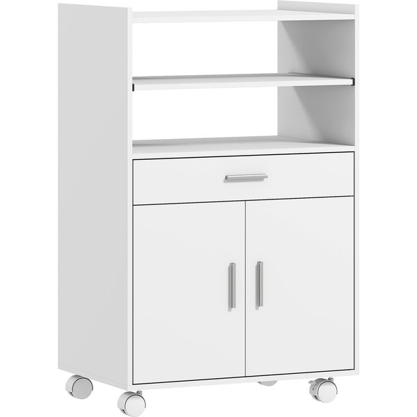 Homcom Chariot De Cuisine Sur Roulettes, Desserte Micro-Onde à Roulettes Avec Placard Tiroir éTagèRes, 59 X 40 X 92 Cm, Blanc-image