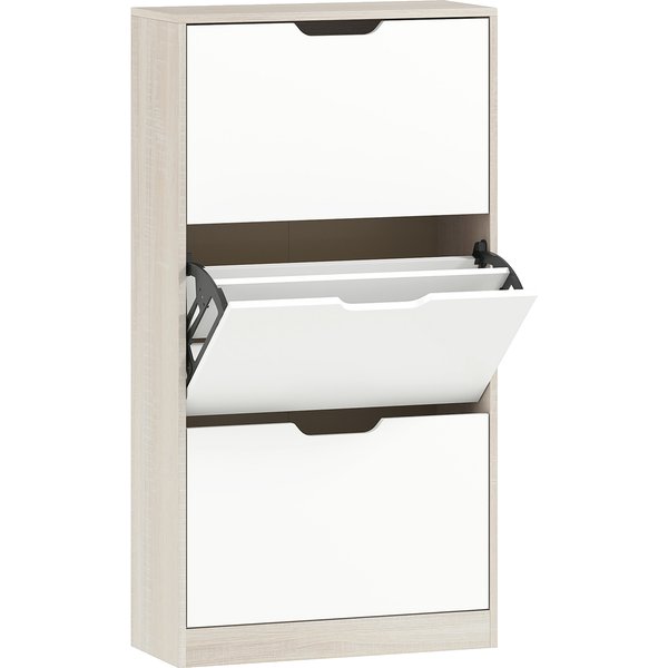 Homcom Meuble à Chaussures éTroit 3 Portes Battantes Meuble D'entréE Pour 18 Paires Chaussures 62,5X26X117,5 Cm ChêNe Et Blanc-image