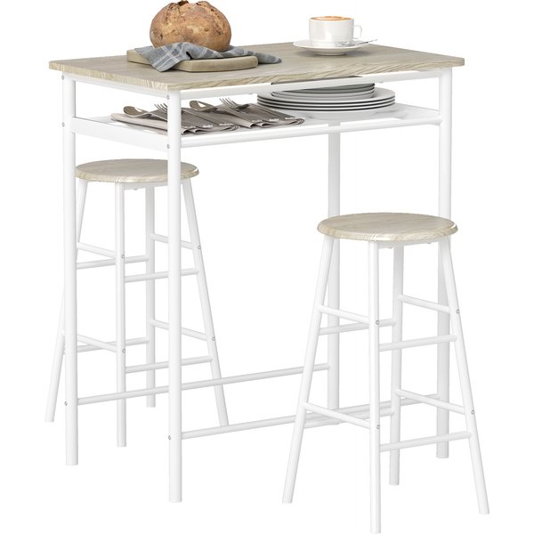 HOMCOM Bar Table and Stools w/ Metal Frame Footrest, Storage Shelf, Bar Table Set for Kitchen, Dining Room, Cafe, White & Oak Aosom UK