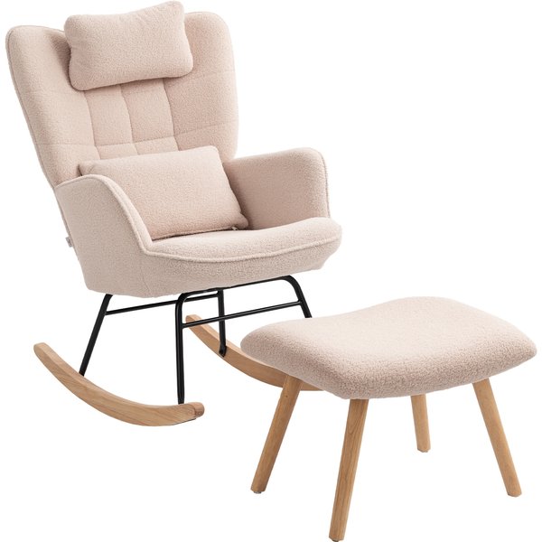 HOMCOM Schaukelstuhl mit Hocker Schaukelsessel Gepolstert Schwingsessel mit Lendenkissen, Kopfstütze, Relaxsessel mit Fleece-Bezug, hoher Rückenlehne Schwingstuhl für Wohnzimmer Beige Aosom