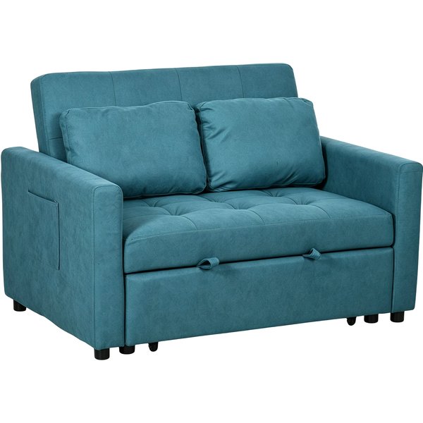 HOMCOM Loveseat Sofa Bed, Convertible Bed Settee with 2 Cushions, Side Pockets for Living Room, Guest Room, Blue Aosom UK