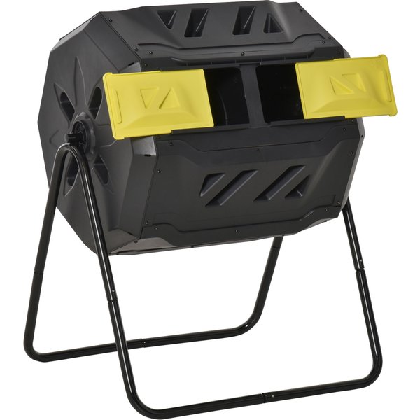 Outsunny 160L Tumbling Compost Bin Outdoor Dual Chamber 360° Rotating Composter, Garden Compost Bin w/ Sliding Doors & Solid Steel Frame, Yellow