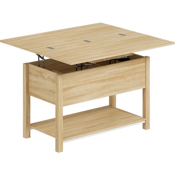 Homcom Table Basse Relevable Et Extensible Table De Salon Avec Compartiment Caché éTagèRe Ouverte 100X45X50,5Cm Bois Naturel-image