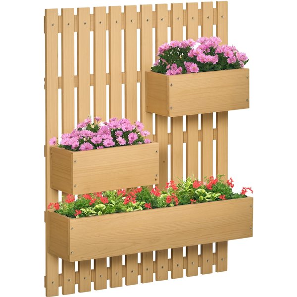 Outsunny Wall-mounted Wooden Garden Planters with Trellis, Drainage Holes and 3 Movable Planter Boxes, Wall Raised Garden Bed for Patio, Natural
