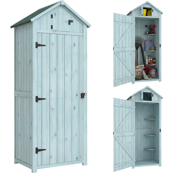 Outsunny Garden Shed Vertical Utility 3 Shelves Shed Wood Outdoor Garden Tool Storage Unit Storage Cabinet, 77 x 54.2 x 179cm - Blue Aosom UK