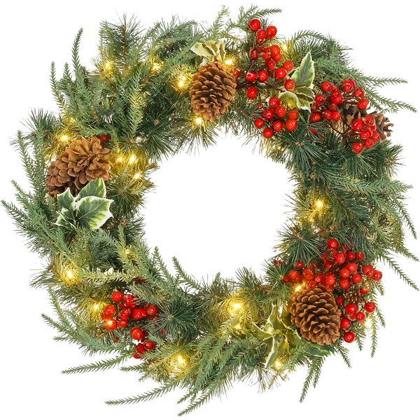Homcom Couronne De NoëL Lumineuse 60 Cm Avec 35 Led, Minuterie, 170 Pointes, Pommes De Pin, Baies, Feuilles De Houx, Vert-image
