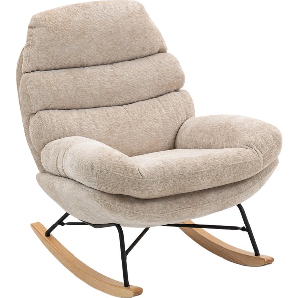 HOMCOM Schaukelstuhl Schaukelsessel mit Rückenlehne Schneidersitz Sessel, gepolstert Relaxsessel mit Chenille-Optik, Holzgestell Schwingsessel, Lesesessel für Wohnzimmer, Cremeweiß Aosom