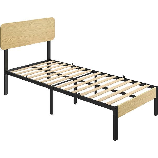 HOMCOM Bettgestell 90 x 200 cm mit Kopf- und Fußteil, Plattformbett, Matratzenbasis mit Stauraum unter dem Bett, 14 Latten, natürliche Holzoptik Aosom