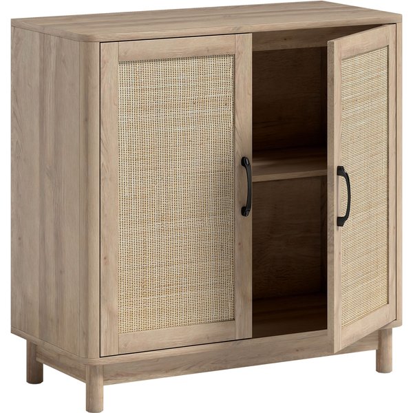 Homcom Buffet Salon, Meuble De Rangement Avec 2 Portes En Rotin, éTagèRe RéGlable Et Bords Arrondis, 76 X 35 X 75,5 Cm, ChêNe-image