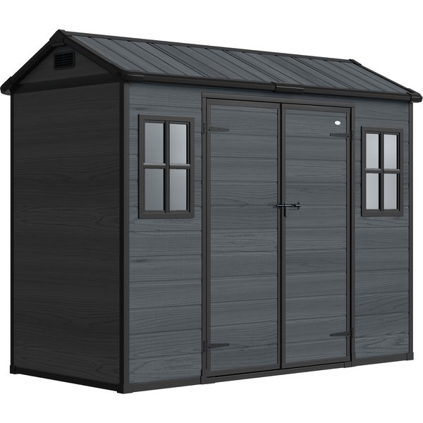 Outsunny 8 x 4 ft Resin Garden Shed, Wood-Effect Outdoor Storage Shed with Floor, Windows, Lockable Doors and Vents, Dark Grey