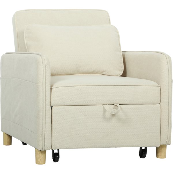 HOMCOM Schlafsessel 3 in 1 Umwandelbarer Sessel mit Bettfunktion, Breiter Sitzfläche, Verstellbarer Rückenlehne, Lendenkissen Schlafsofa mit 6 Seitentaschen, Mais-Samtoptik für Wohnzimmer, Beige Aosom