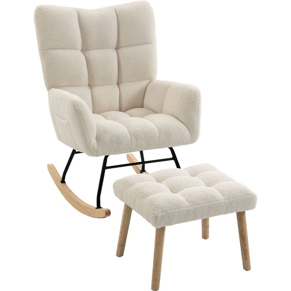 Homcom Fauteuil à Bascule Avec Repose-Pieds, Rocking Chair En Tissu Bouclette, Assise RembourréE, Dossier Large, CrèMe-image