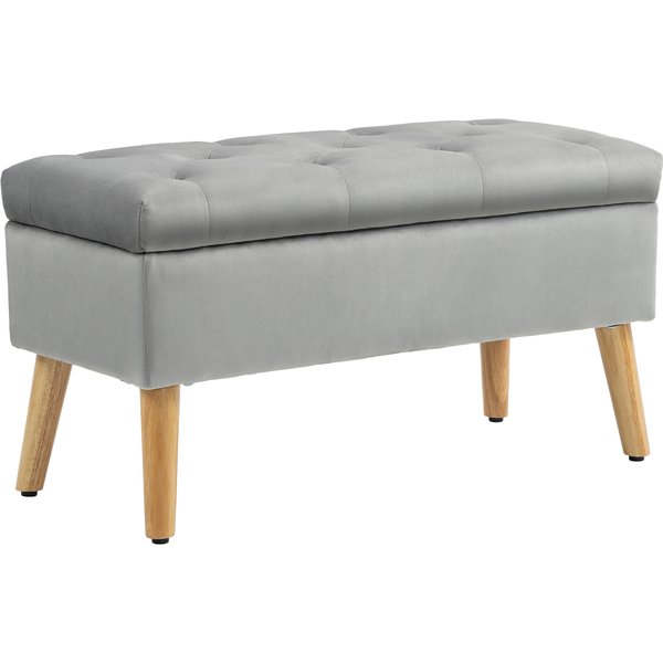 Homcom Banc De Rangement Coffre De Rangement Tissu Effet Velours Pieds En Bois Charge Max. 120 Kg 80 X 35 X 42 Cm, Gris-image