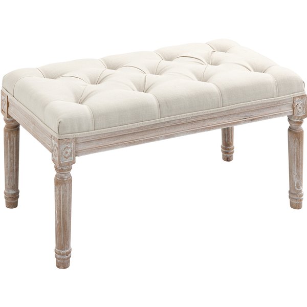 HOMCOM Sitzhocker, Polsterbank mit Leinenoptik, Fußhocker mit gepolstertem Sitz, Holzbein, Ottomane Fußstütze aus Holz, für Wohnzimmer, Schlafzimmer, Cremeweiß Aosom