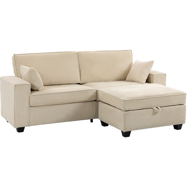 Homcom Canapé 3 Places Avec Pouf De Rangement, Canapé D'angle En Velours CôTelé, Assise Large, 2 Coussins, Beige-image