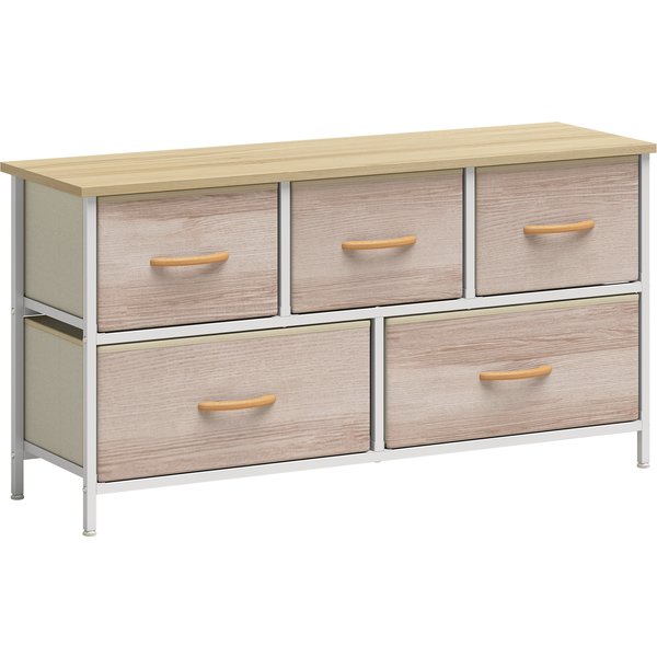 HOMCOM Kommode mit 5 Schubladen aus Stoff Schubladenschrank Aufbewahrungsschrank mit Metallrahmen Schrank für Wohnzimmer, Schlafzimmer, 100x30x51,5 cm Naturholz und Weiß Aosom
