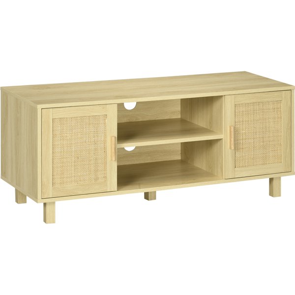HOMCOM Fernsehtisch Lowboard TV-Bank TV-Kommode mit 2 Rattantüren und offenen Regalen aus MDF Natur 115x40x48 cm modern & funktional Aosom.de