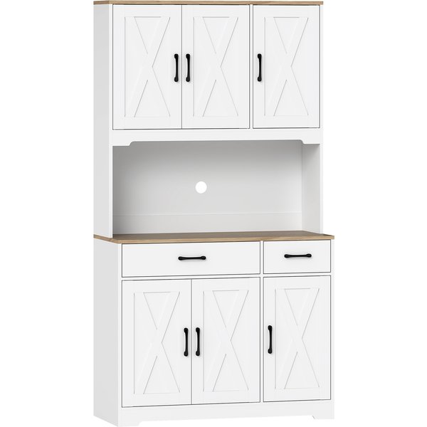 Homcom Buffet Haut Cuisine Armoire De Cuisine Avec 6 Portes 2 Tiroirs Plan De Travail éTagèRes RéGlables 94X39,5X175,2Cm Blanc-image