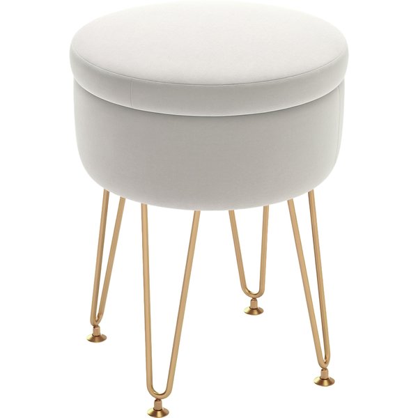 HOMCOM 5L Velvet Storage Ottoman, Modern Round Footstool with Metal Hairpin Legs and Removable Lid for Hallway, Bedroom, Living Room, Cream White