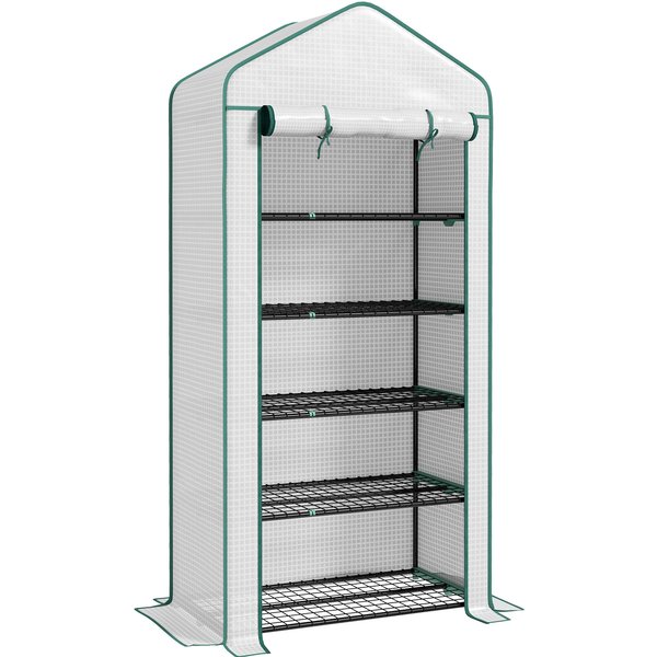 Outsunny 5 Tier Widened Mini Greenhouse with Reinforced PE Cover, Portable Indoor Outdoor Green House with Roll-up Door and Wire Shelves, 193H x 90W x 49Dcm, White | Aosom Ireland
