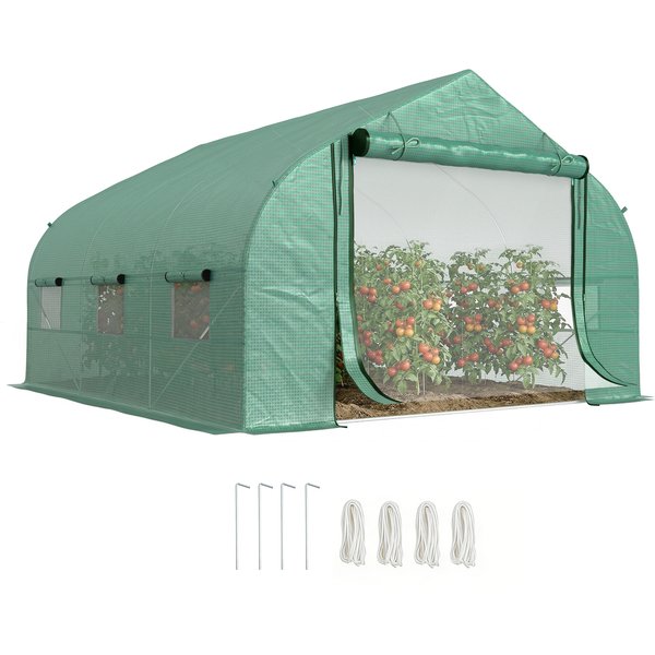 Outsunny Serre Tunnel De Jardin Grande 3.5 X 3 X 2 M - 6 FenêTres Et Porte ZippéE Enroulable - Acier Galvanisé Pe Haute Densité Vert-image