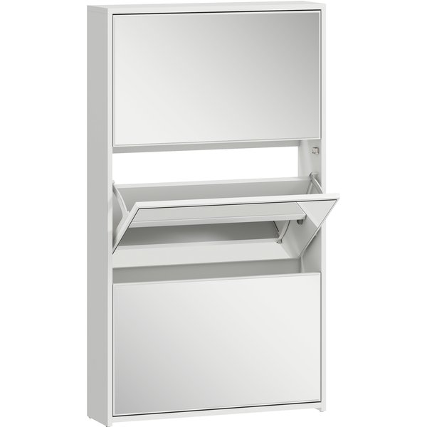 Homcom Armoire à Chaussures Miroir Avec 3 Tiroirs Basculants Pour 9 Paires De Chaussures, En Bois, 65X17X114.5 Cm, Blanc-image