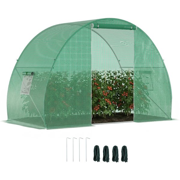 Outsunny Serre De Jardin Serre Tunnel Surface Sol 4,5 M² Dim. 3L X 1,5L X 2H M Porte ZippéE 2 FenêTres Enroulables Vert-image