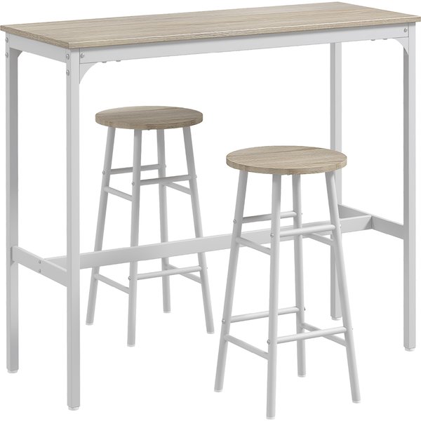 Homcom Ensemble Table Haute De Bar + 2 Tabourets Structure En Acier Plateau Aspect Bois Naturel 2 Personnes Blanc-image
