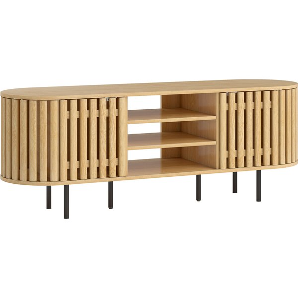 Homcom Meuble Tv, Meuble TéLé Pour TéLéViseur 60 Pouces, 2 Portes à Lattes, 140X40X52Cm, Bois Naturel-image