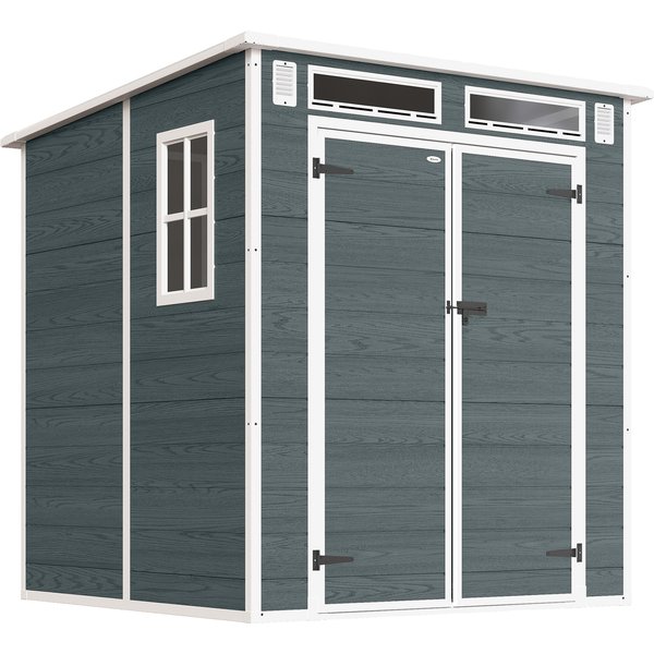 Outsunny Gerätehaus 2,89 m², Geräteschuppen mit Holzoptik 3 Fenster, 182 x 182 x 196 cm Kunststoff Gartenschuppen mit Doppeltür Belüftung Boden Schloss Handschuhe, Gartenhaus für Werkzeuge Fahrrad Aosom