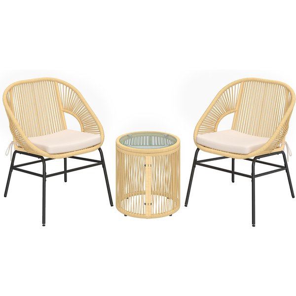 Outsunny Ensemble Bistro En Rotin 3 PièCes, Set De Mobilier De Jardin Avec 2 Chaises De Jardin, Table En Verre, Coussins Lavables, Ergonomique-image