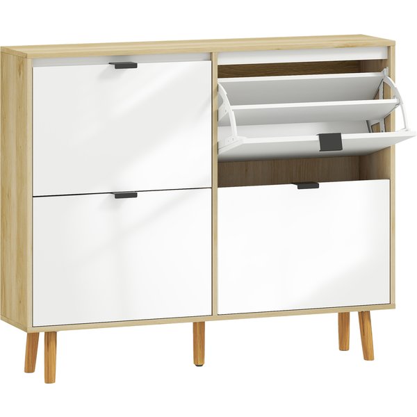 Homcom Meuble à Chaussures, Armoire à Chaussures éTroite, 4 Tiroirs Rabattables, Porte Haute Brillante, 105X24X92,5Cm, Blanc-image