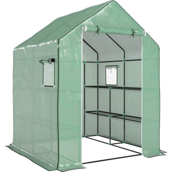 Outsunny Serre De Jardin Avec 1 Porte, 1 Fenetres, éTagèRes 3 Niveaux Pour LéGumes Plantes Fleurs BâChe Pe 140 X 143 X 190 Cm-image