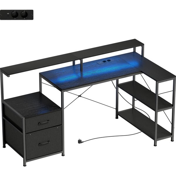 HOMCOM Gaming Tisch L-förmiger 165 x 80 cm Schreibtisch mit LED & Steckdosen, Computertisch mit Doppelmonitorständer, 2 Schublade, Ablagefächer, für Home Office, Spielen, Studium, Schwarze Holzoptik Aosom