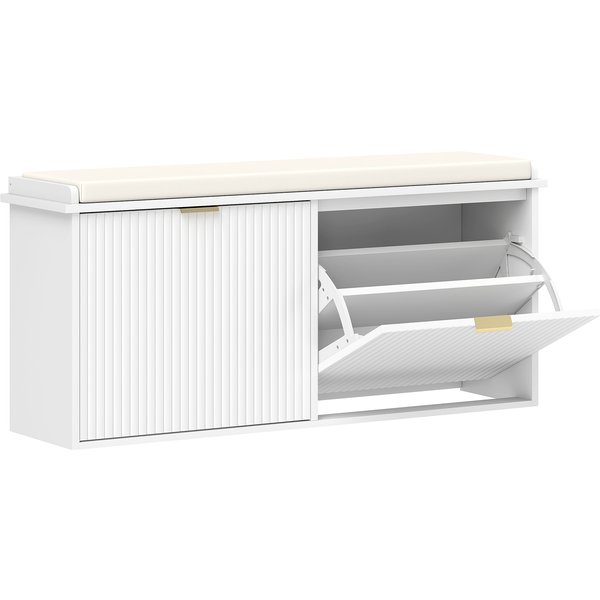 Homcom Banc à Chaussures Avec Coussin D'assise Rembourré Et Tiroir Rabattable Pour Couloir, Chambre, 104 X 26 X 47,5 Cm, Blanc-image