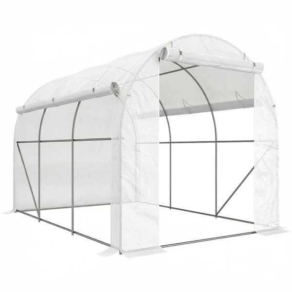 Outsunny Serre De Jardin 6 M² Dim. 3 X 2 M Avec 1 Porte + 2 Parois LatéRales ZippéEs Enroulables, 6 FenêTres, Blanc-image
