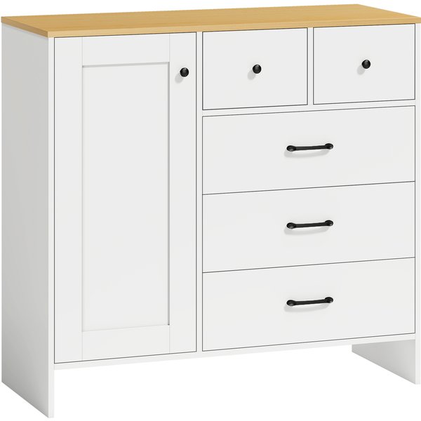 Homcom Buffet Cuisine, Meuble De Rangement Avec 5 Tiroirs Et Porte, Style Rustique, 100 X 40 X 94 Cm, Blanc-image