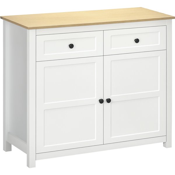 Homcom Commode Meuble De Rangement 2 Portes Avec éTagèRe RéGlable En Hauteur 2 Tiroirs 100 X 40 X 85 Cm Blanc Et Aspect Bois Aosom France-image