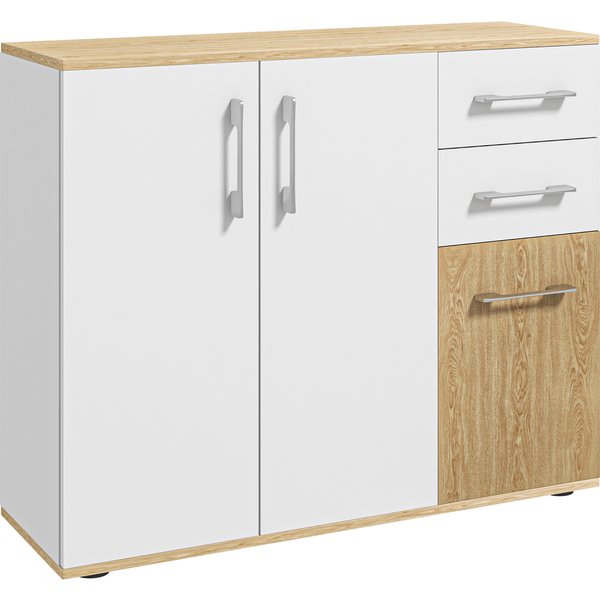 Homcom Buffet, Meuble De Rangement Avec 3 Portes, 2 Tiroirs Et éTagèRe RéGlable, 90 X 30 X 75,5 Cm, Blanc Et Bois Naturel-image