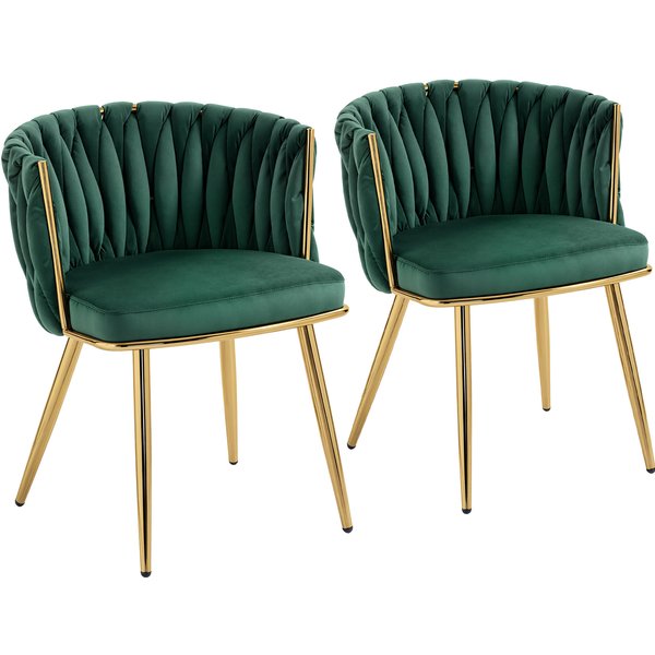 HOMCOM Velvet-Feel Dining Chairs Set of 2, Modern Upholstered Kitchen Chairs with Woven Backrest and Armrests, Metal Legs and Padded Seat for Dining Room, Bedroom, Living Room, Dark Green