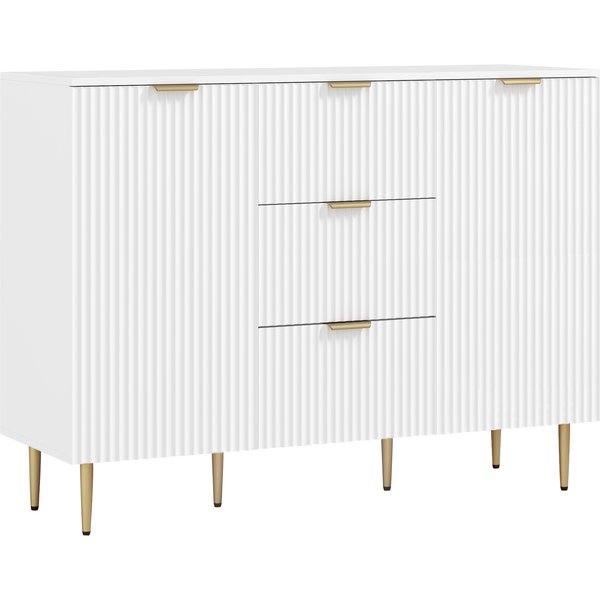 Homcom Buffet Meuble Cuisine Rangement Avec 3 Tiroirs, éTagèRes RéGlables, Placards à Portes CanneléEs, 120 X 40 X 90 Cm, Blanc-image